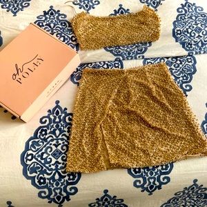 Oh Polly - Gold embellished crop top & mini skirt